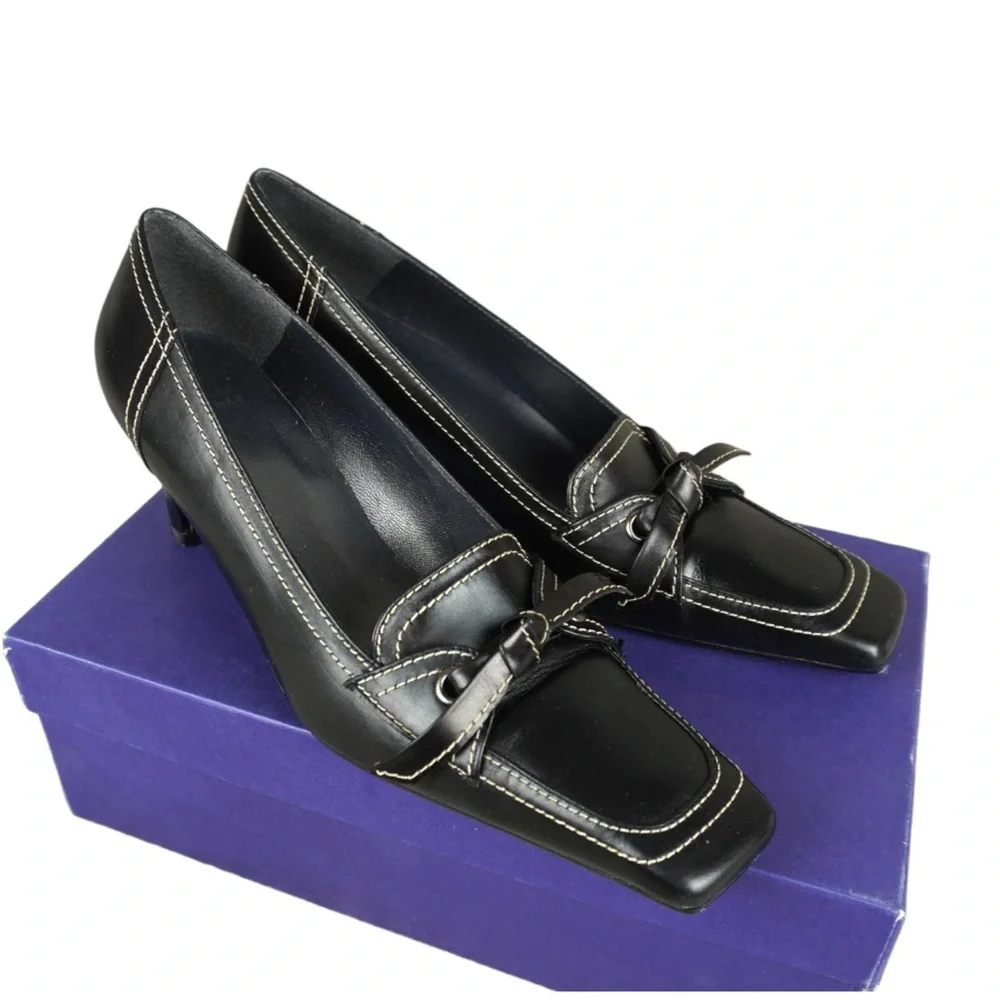 Stuart Weitzman Vtg Black Leather Square Toe Heels Size 9N Bow Tie Butler